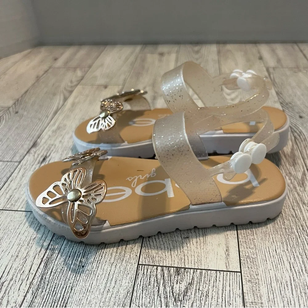 bebe Girl's Rose Gold Butterfly Jelly Sandals Size L 9/10 Snap On